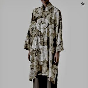 NEW Eskandar 100% Silk Wide A Line Mandarin Collar Shirt Silver Roses Print 6/8